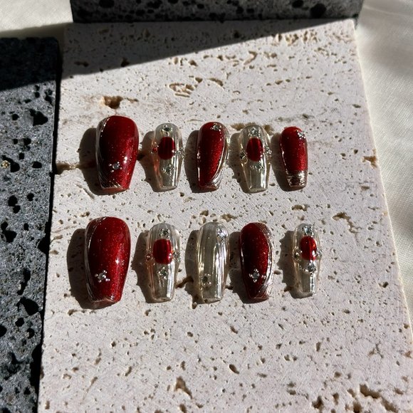 Red Carpet Rouge/Handmade Coffin Press on Nails - Picture 1 of 2